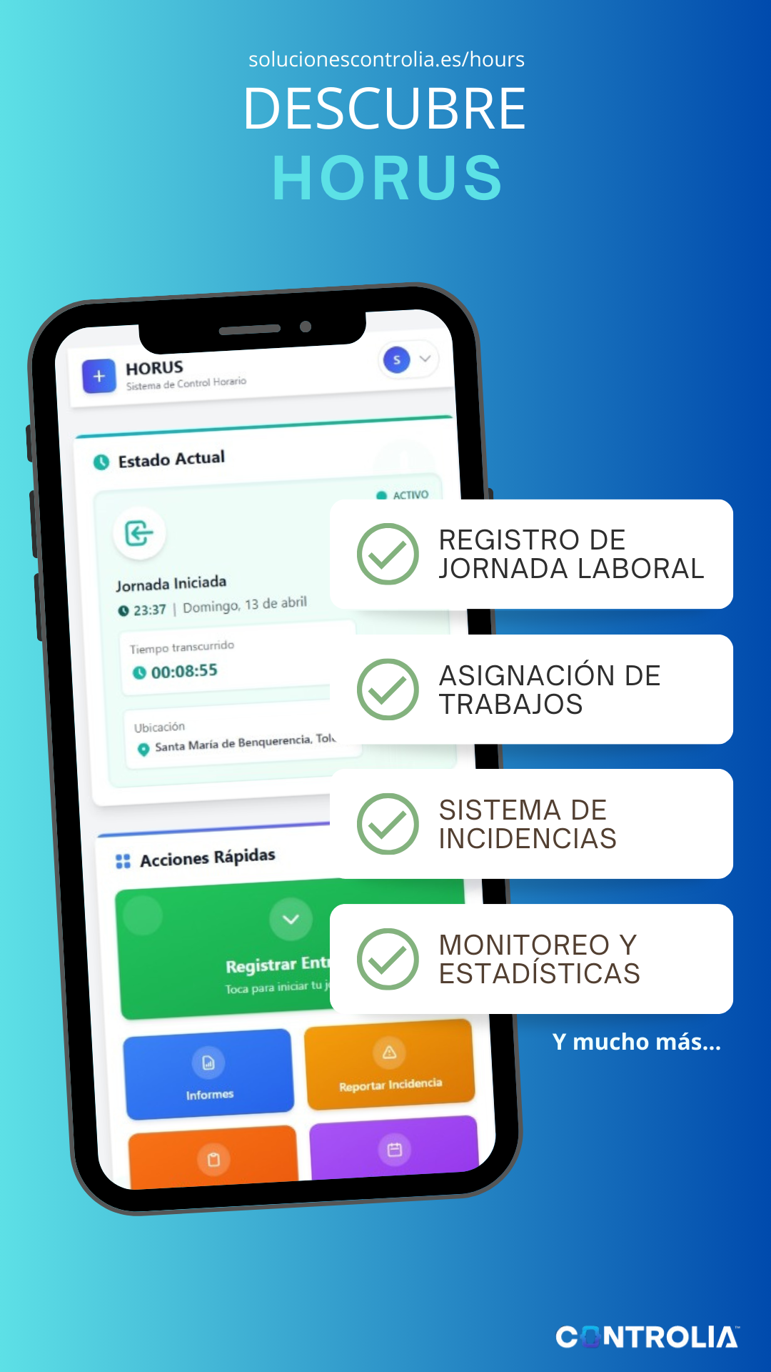 Aplicación Horus en un smartphone mostrando sus funcionalidades